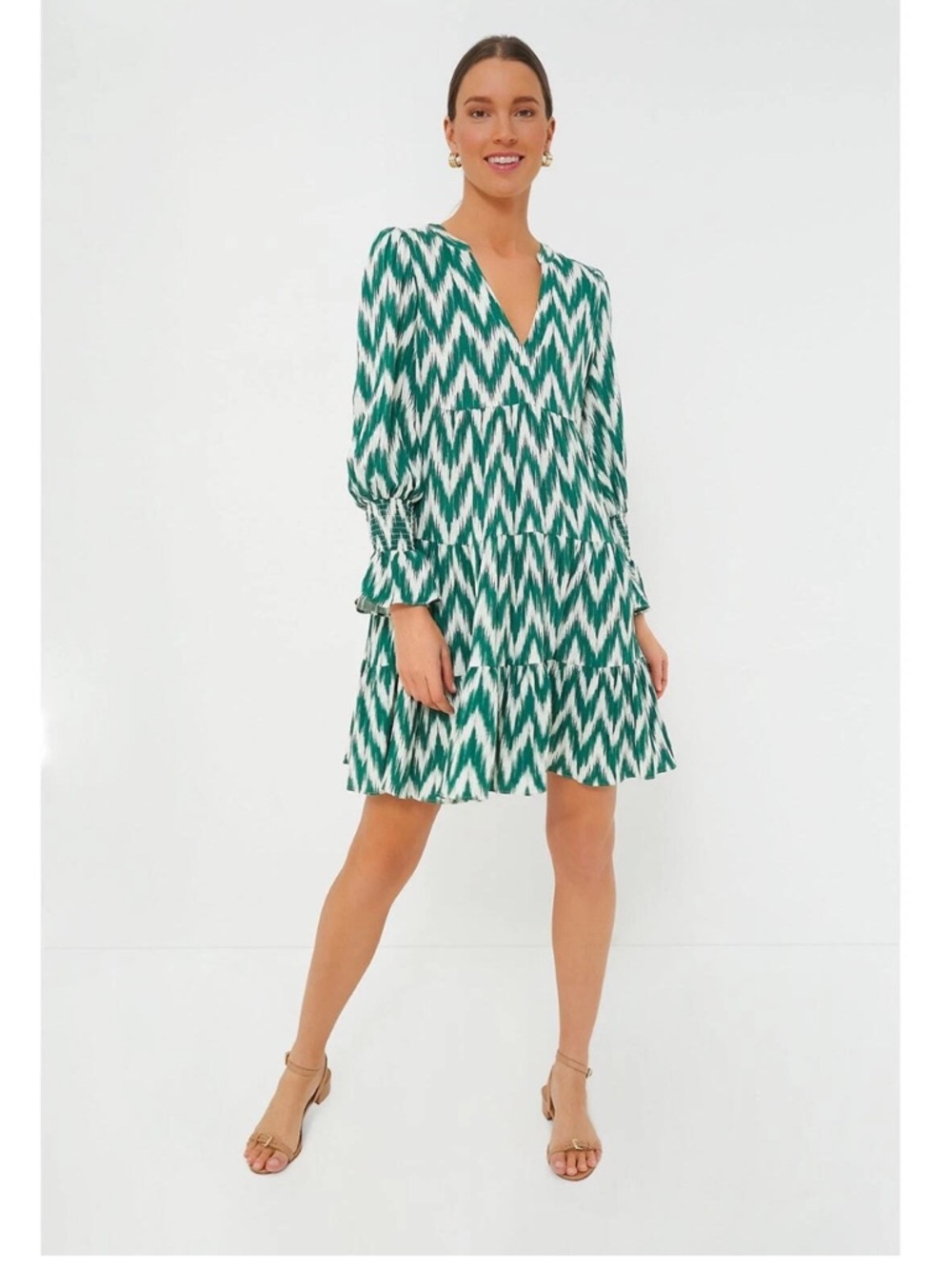 Pomander Place Tuckernuck Dress Green Ikat Batik Layered V Neck Women’s XS